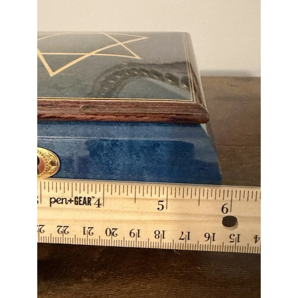 Vintage Star of David Musical Jewelry Box Key Reuge Lever Blue Wood Locking